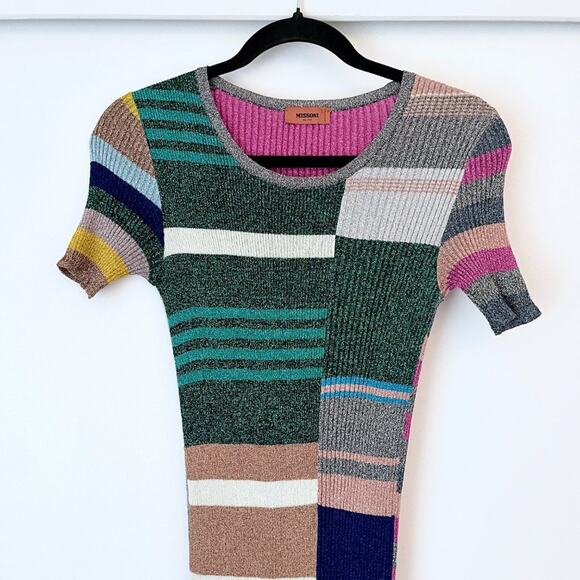 Missoni Metallic Striped Ribbed Knit Midi Dress Green Lettuce Hem Multicolor - Picture 4 of 12